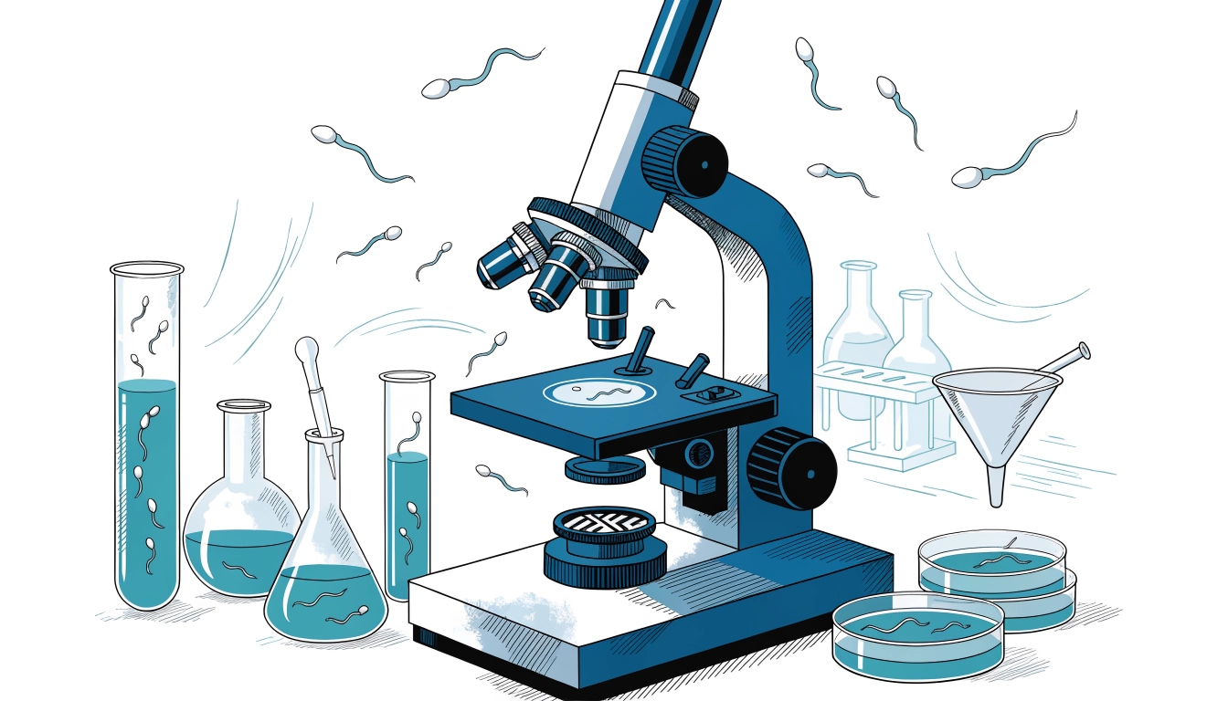Medicínska ilustrácia mikroskopu a analýzy spermií v laboratóriu